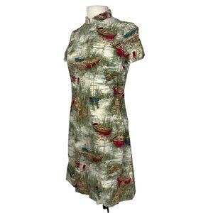 Vintage 60s Handmade Sheath Dress Medium Green Beige Boat Water Whimsical Tiki